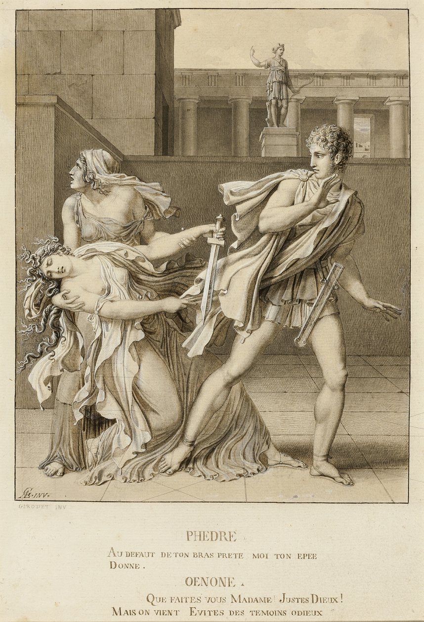 Phaedre, etter å ha erklært sin lidenskap, forsøker å drepe seg selv med Hippolytus sverd av Anne Louis Girodet de Roussy Trioson