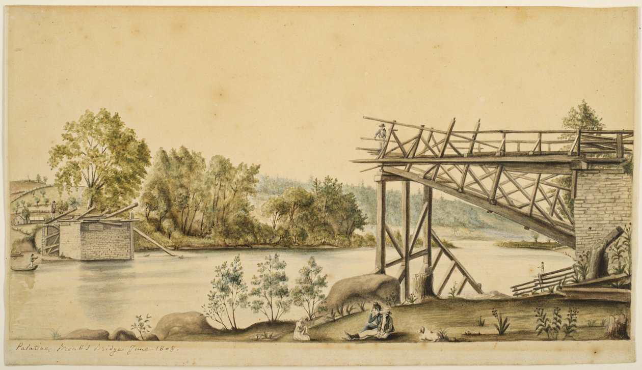 Incomplete Bridge, Palatine, New York, 1808 (akvarell og grafitt på papir) av Anne Marguerite Hyde de Neuville