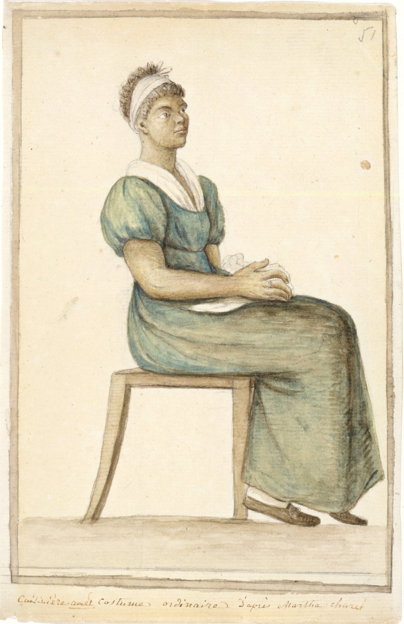 Portrett av en afroamerikansk kokk i vanlig kostyme, udatert (akvarell, grafitt og brunt blekk på papir) av Anne Marguerite Hyde de Neuville