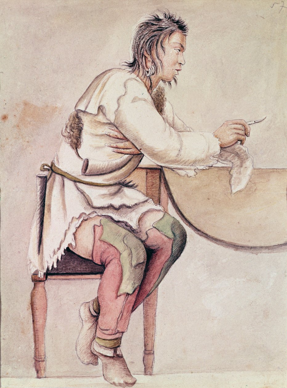 Portrett av en indianer (rød jakke) (akvarell på papir) av Anne Marguerite Hyde de Neuville