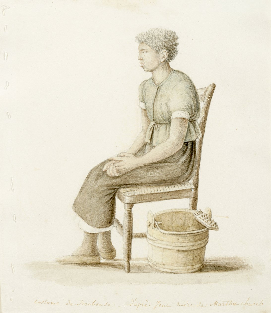 Profilportrett av sittende afroamerikansk skrubbekvinne, udatert (akvarell, kull og grafitt med et snev av hvit gouache på papir med søm langs venstre marg) av Anne Marguerite Hyde de Neuville