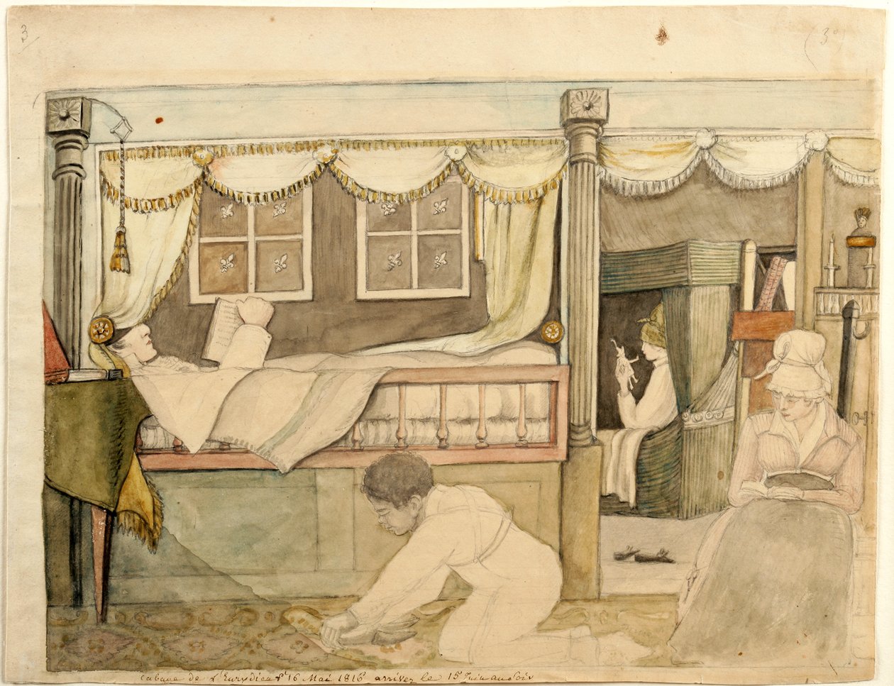 Hyde De Neuville-hytta på Eurydice, 1816 (akvarell, grafitt og svart og brunt blekk på papir, montert på kort) av Anne Marguerite Hyde de Neuville