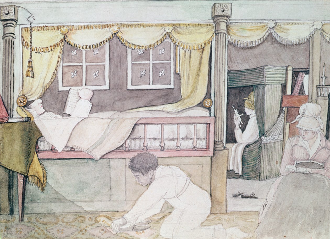 De Neuville-hytta på Eurydice, 1816 (blyant og wc på papir) av Anne Marguerite Hyde de Neuville
