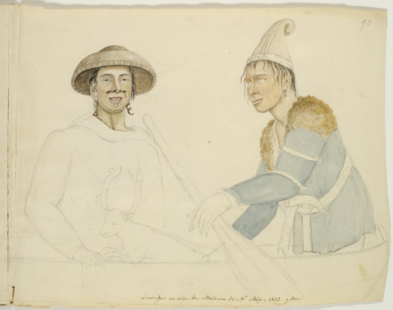 To voksfigurer av urfolk ved Mix's Museum, New Haven, Connecticut, 1813 (akvarell, grafitt og svart blekk på papir) av Anne Marguerite Hyde de Neuville