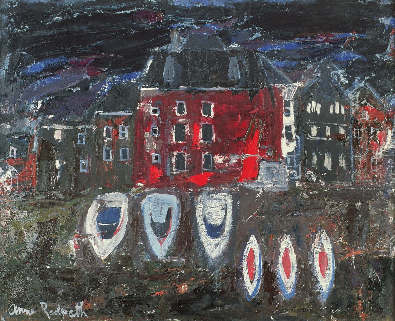 Båtverft, Amsterdam (olje om bord) av Anne Redpath