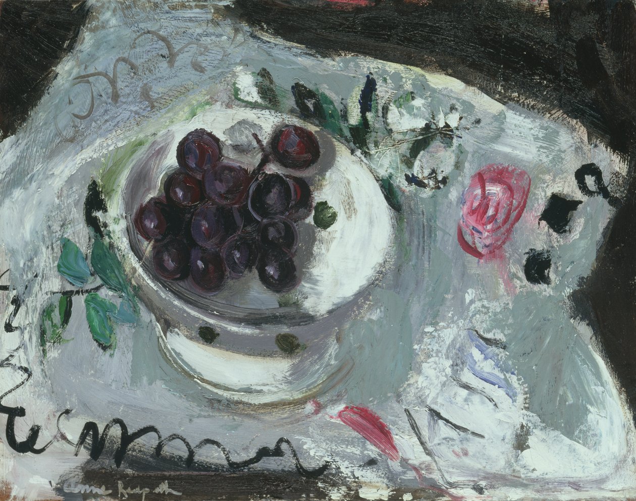 Dish of Grapes, ca. 1957 (olje om bord) av Anne Redpath