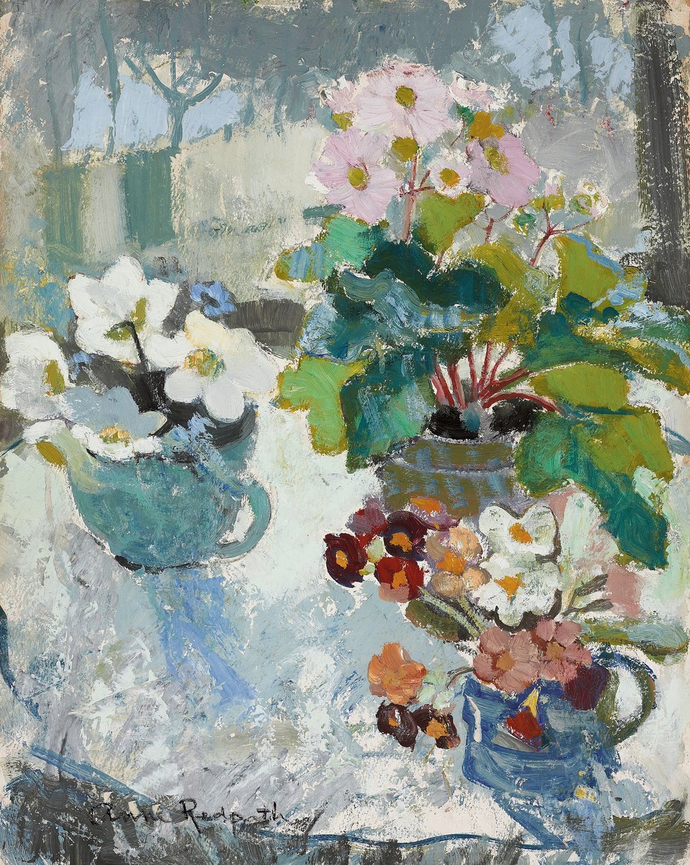 Første blomster, ca. 1947 (olje om bord) av Anne Redpath