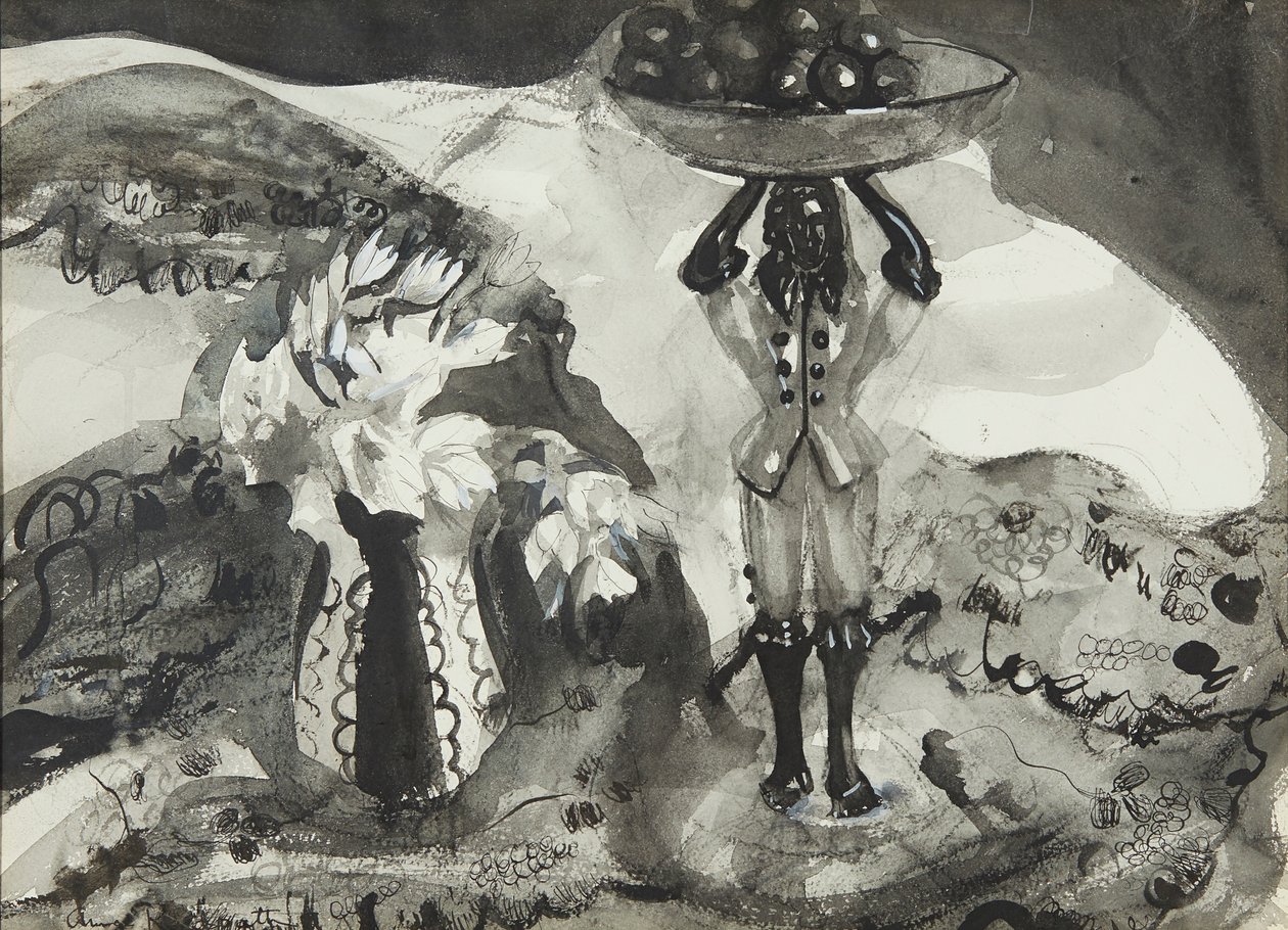 Stilleben med figur (svart og hvit akvarell) av Anne Redpath
