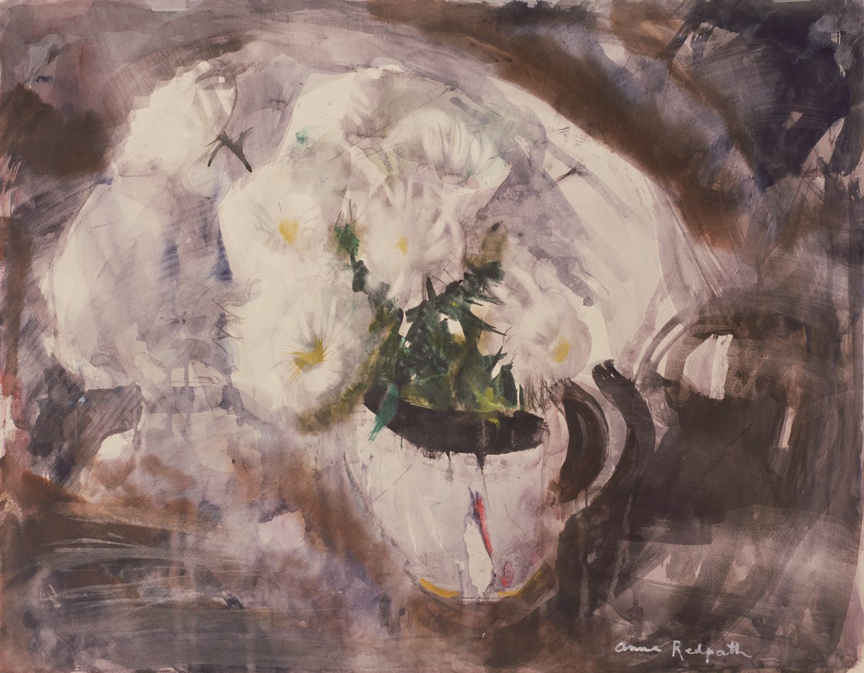 Hvite blomster i en hvit kanne, ca. 1960 (akvarell på papir) av Anne Redpath