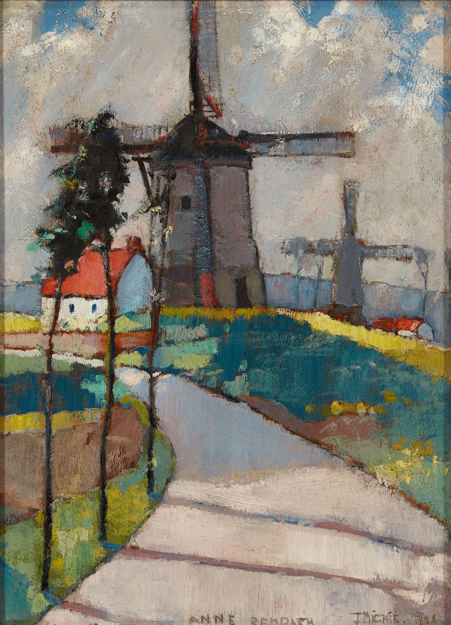 Vindmøller ved Pas De Calais (olje om bord) av Anne Redpath