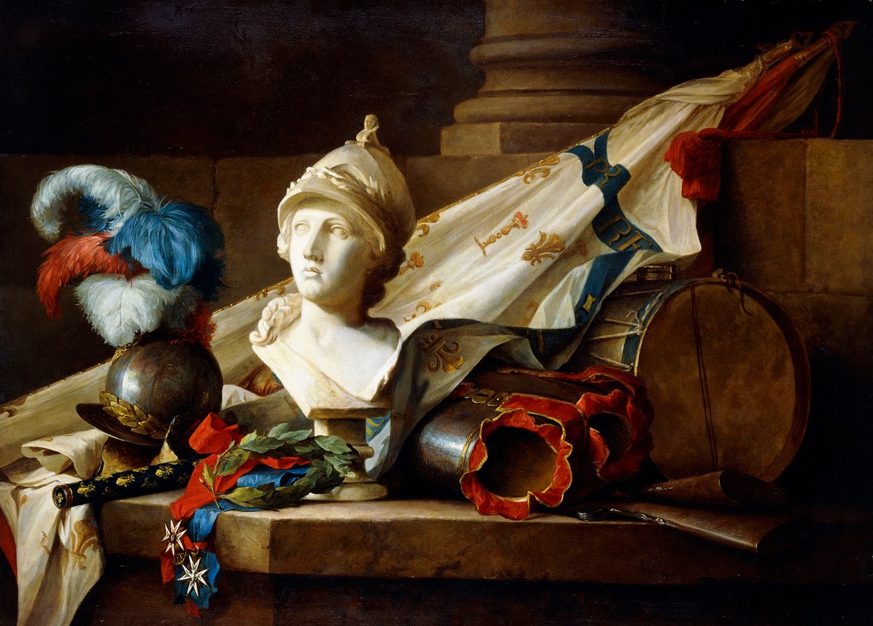 En byste av Minerva med rustninger og våpen på en steinhylle, 1777 av Anne Vallayer Coster