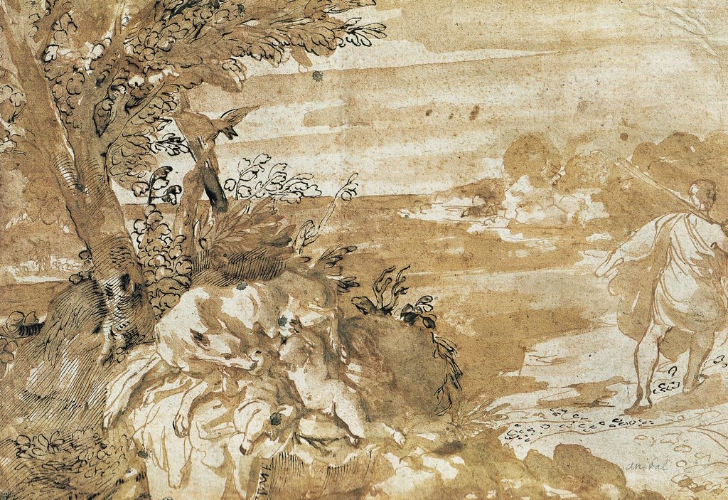 Landskap med She-Wolf Suckling Romulus og Remus av Annibale Carracci