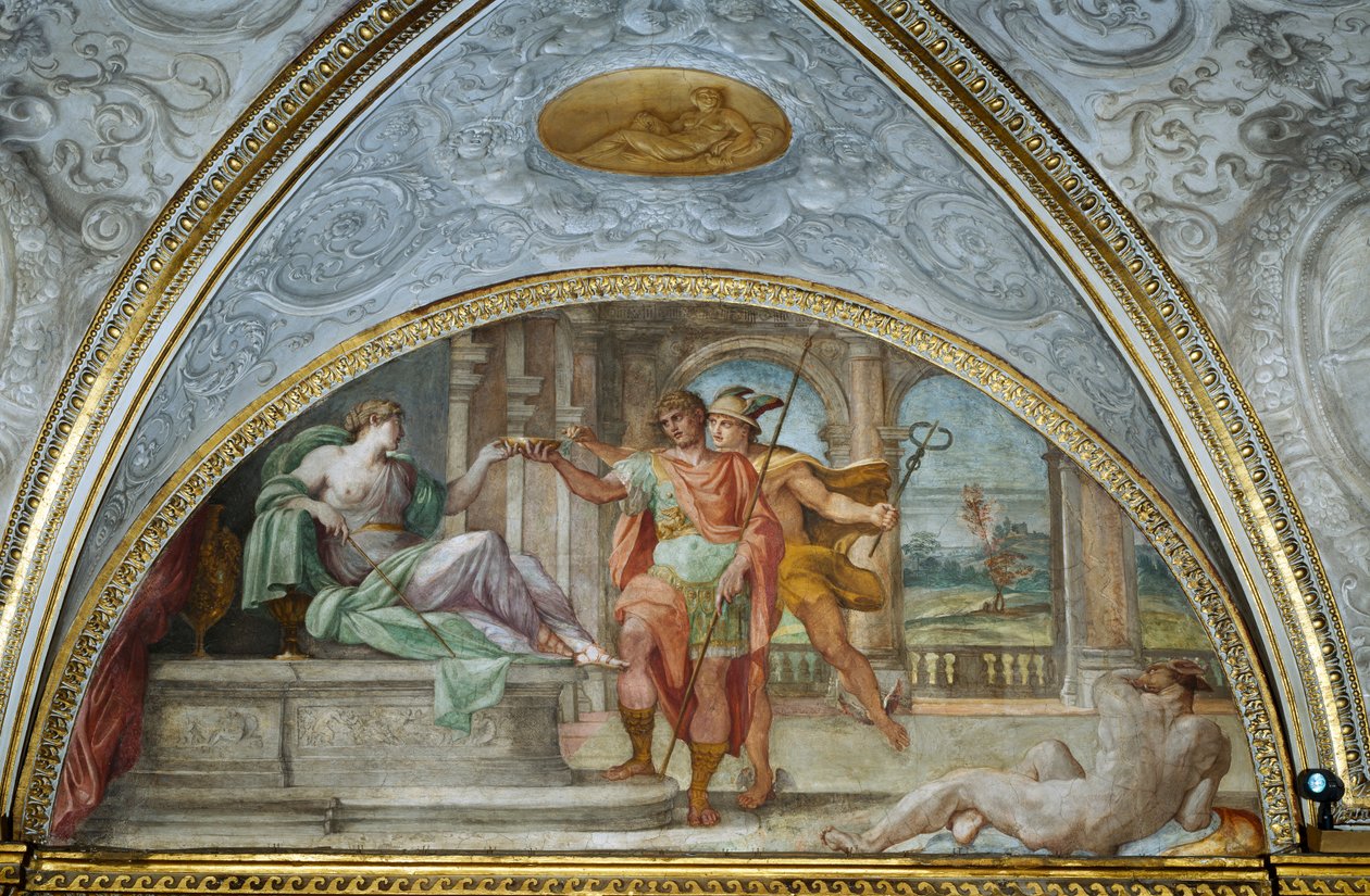 Lunette som skildrer trollkvinnen Circe som tilbyr Ulysses en skål med forgiftet suppe og kvikksølv og legger til en urtemotgift, fra 