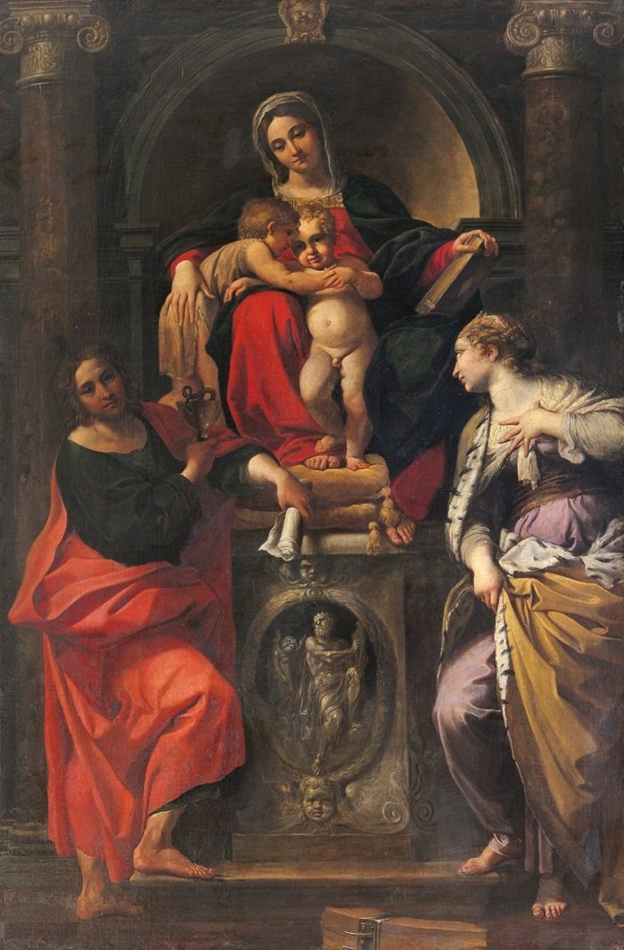 Madonna og barn med de hellige Johannes døperen, Johannes evangelisten og St. Catherine av Annibale Carracci