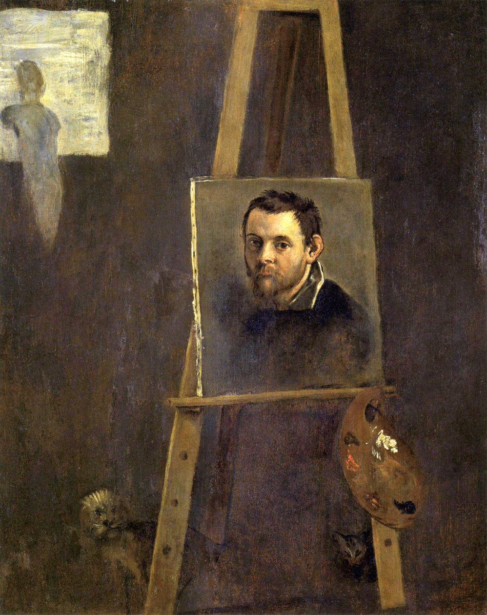 Selvportrett på en staffeli i et verksted av Annibale Carracci