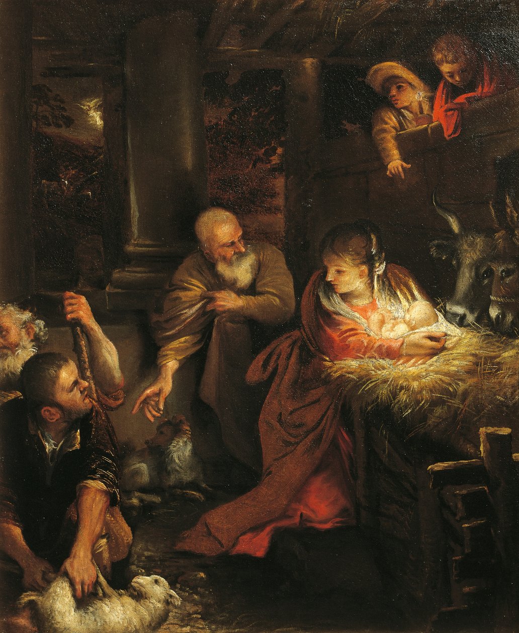 Tilbedelse av hyrdene (olje på lerret) av Annibale (attr. to) Carracci
