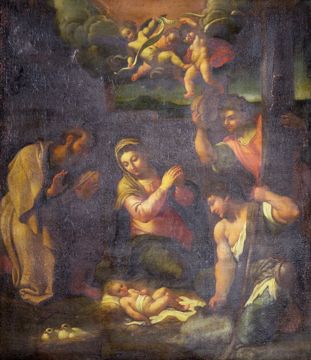 Tilbedelse av hyrdene (olje på lerret) av Annibale (follower of) Carracci