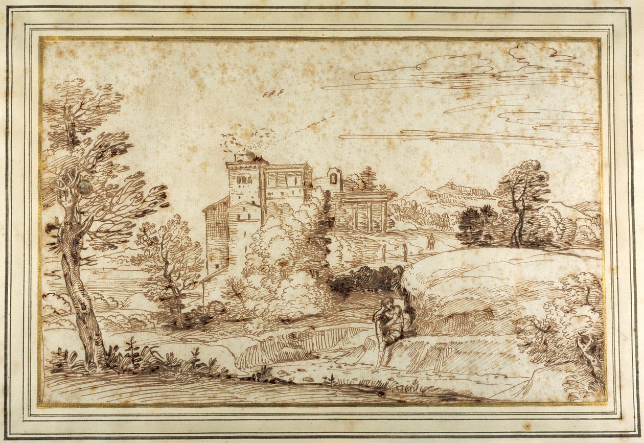 Landskap med et slott og ruinene av en klassisk portiko (penn og brunt blekk på papir) av Annibale (follower of) Carracci