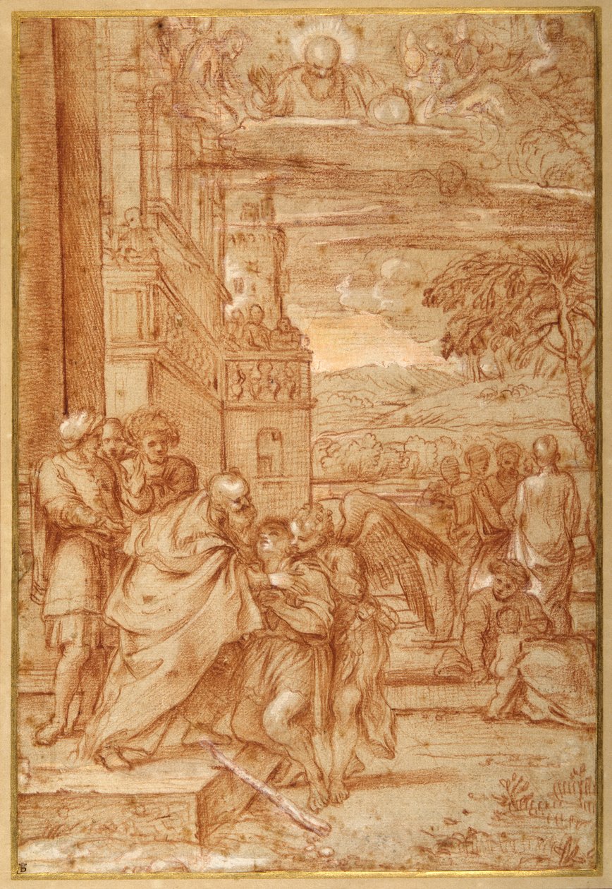 Den fortapte sønns retur, etter Annibale Carracci (rødt kritt og forhøyning på papir) av Annibale (follower of) Carracci