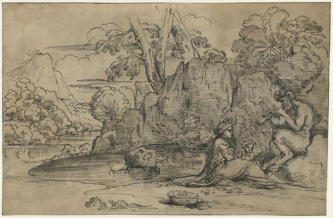 Landskap med en fløyte som spiller satyr, kvinne og putto av Annibale Carracci (attributed to)