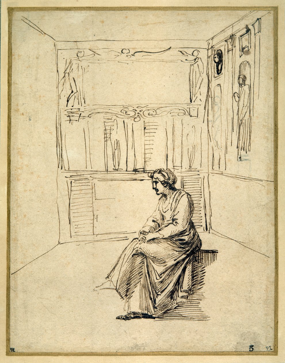 En kvinne som sitter i et rom (penn og brunt blekk på papir) av Annibale Carracci