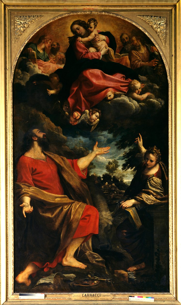 Jomfruens åpenbaring til St. Luke og St. Katarina av Alexandria Maleri av Annibale Carracci eller Annibal Carrache (1560-1609). 1592. Søn. 2,26x4,01 m Paris, Louvre-museet. av Annibale Carracci