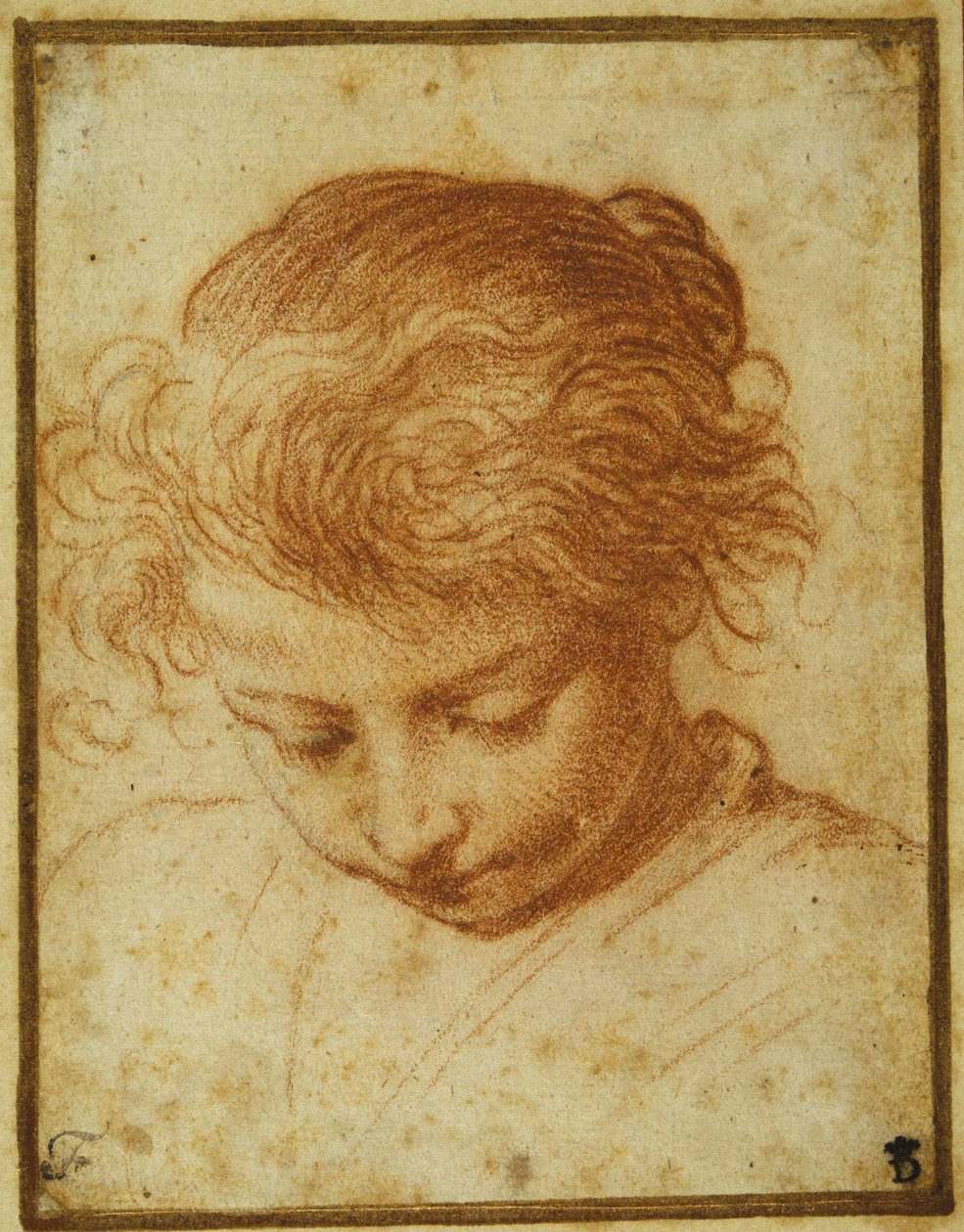 Hodet til en ung jente som ser nedover (rødt kritt på krempapir) av Annibale Carracci