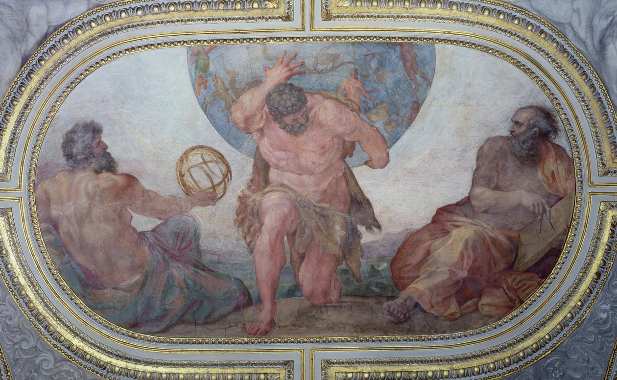 Hercules støtter verden flankert av Euklid og Ptolemaios, fra 'Camerino', 1596 av Annibale Carracci