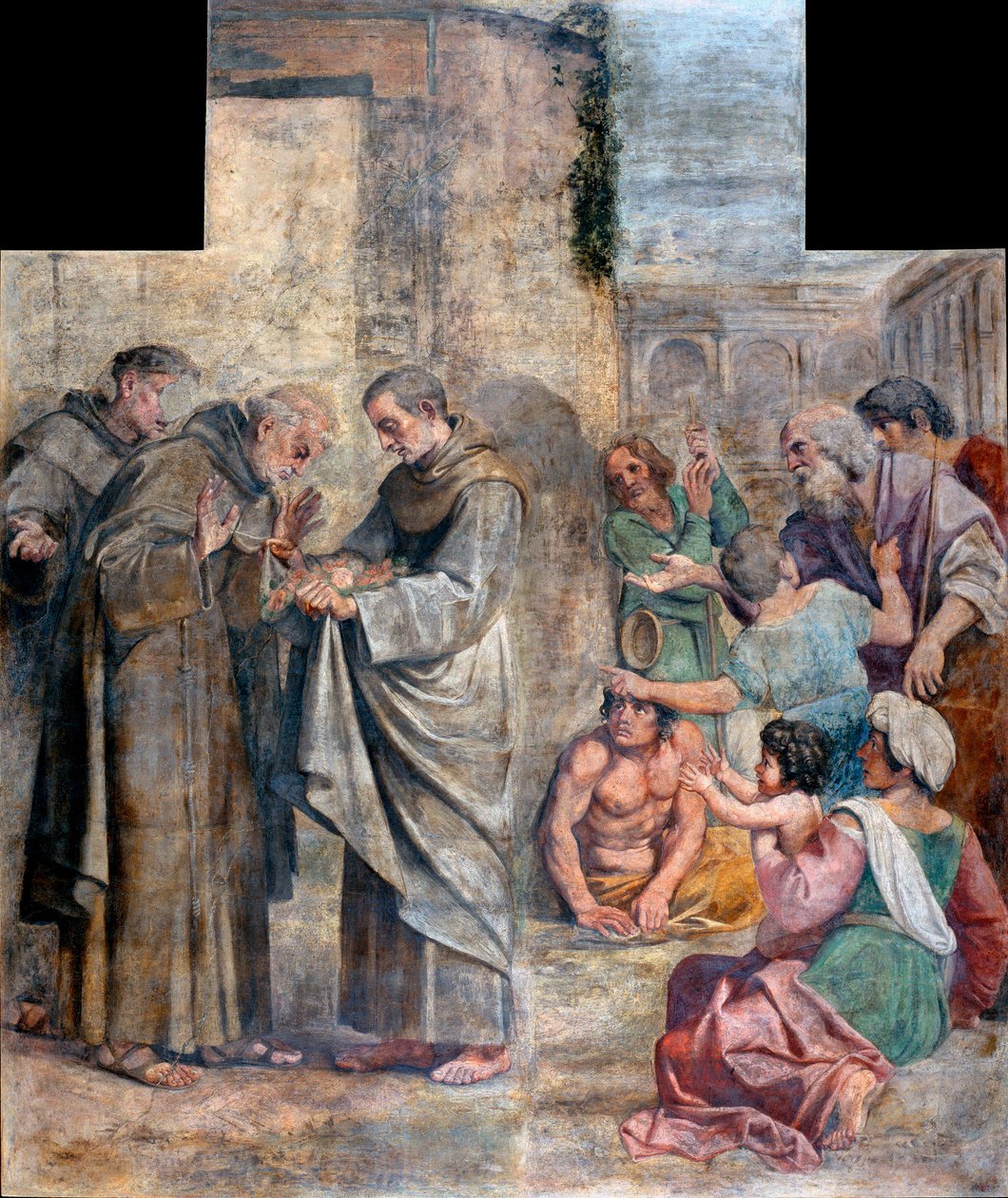 Rosenes mirakel - anklaget for tyveri av mat, den spanske fransiskanermunken Saint Diego av Alcala (1400-1463) finner ut at matvarene gjemt i hans vane å gi dem til de fattige har blitt til roser - Maleri av Annibale Carracci (An av Annibale Carracci