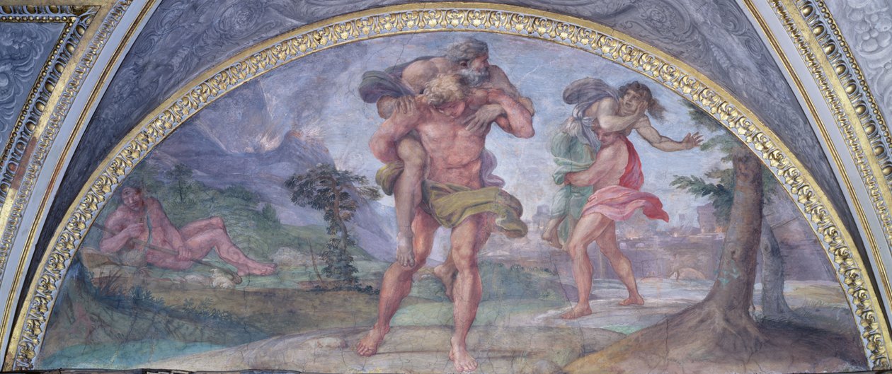 Lunette som skildrer Aeneas som flykter fra brennende Troy som bærer faren sin Anchises etterfulgt av Ascanius som bærer sin mor, fra Camerino, 1596 av Annibale Carracci