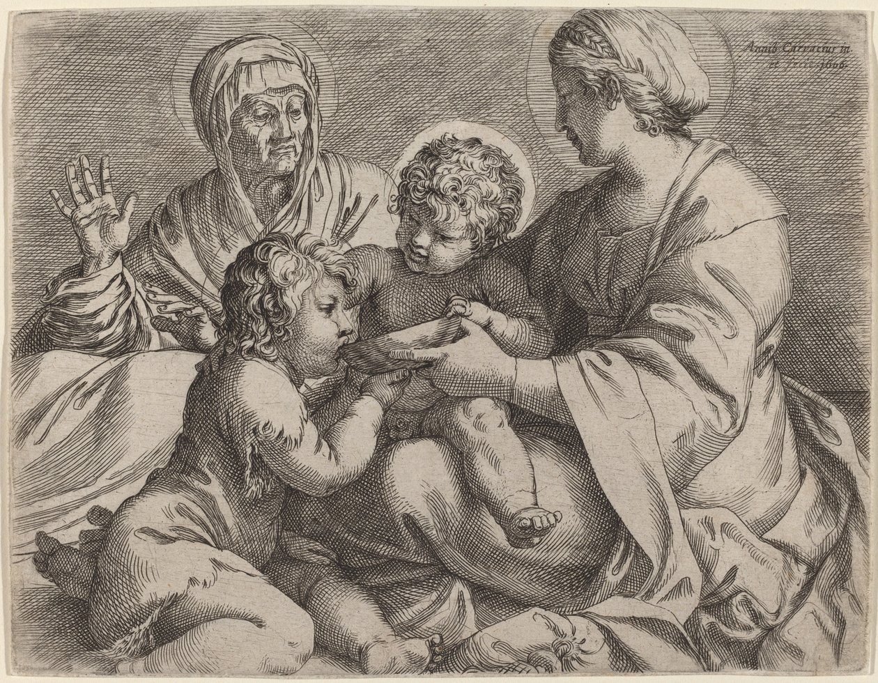 Madonna og barn med de hellige Elizabeth og døperen Johannes (La Madonna della Scodella) av Annibale Carracci