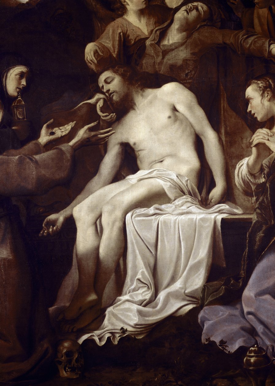 Pieta med St Claire, St Francis, St Mary Magdalena og St John, detalj av Jesus (olje på lerret av Annibale Carracci