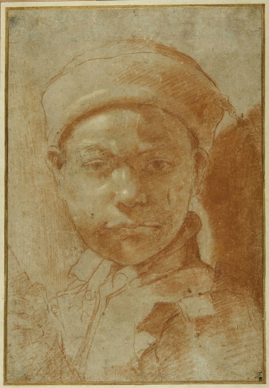 Portrett av en ungdom, bystelengde, iført en rund hette (rødt kritt på grått papir) av Annibale Carracci