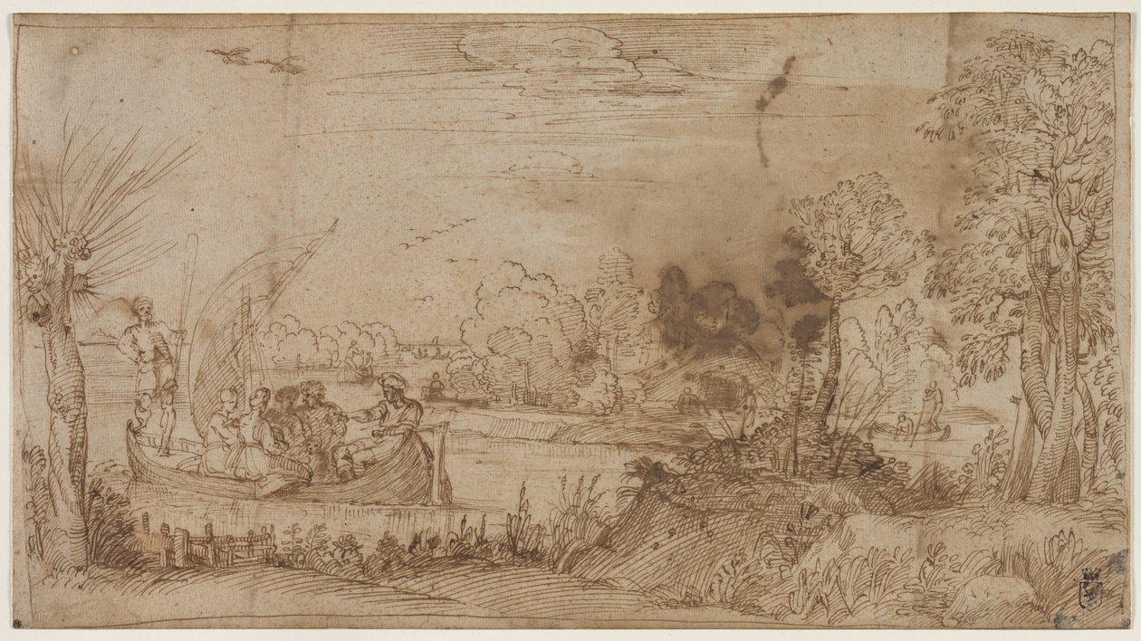Elvelandskap med båter av Annibale Carracci