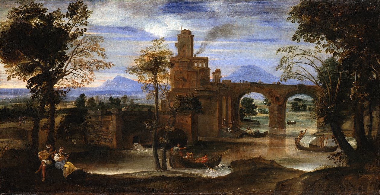 Romersk elvelandskap med borg og bro av Annibale Carracci
