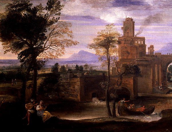 Romersk landskap med en bro (olje på lerret) (detalj av 186429) av Annibale Carracci