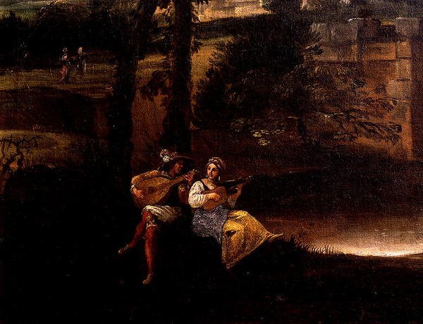 Romersk landskap med en bro (olje på lerret) (detalj av 186429 og 186430) av Annibale Carracci