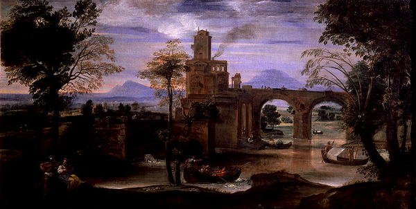 Romersk landskap med en bro (olje på lerret) (se også 186430 og 186431) av Annibale Carracci