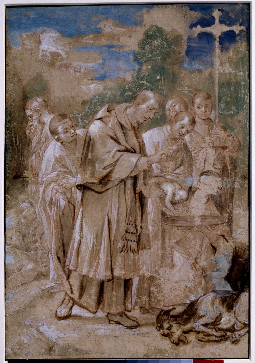 Saint Charles Borromee døper et barn. De døde sauene og skissene av lag med kropper ved siden av som en mann lukker nesen for ikke å puste inn lukten antyder at tegningen viser buen til Milano Saint Charles Borromee (Carlo Borromeo av Annibale Carracci