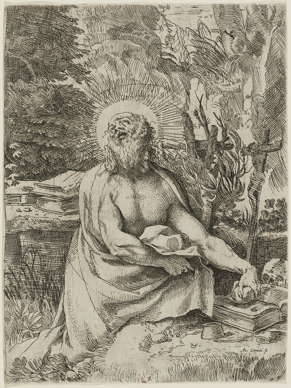 Saint Hieronymus i villmarken, ca. 1591 (radering med gravering på lagt papir, iiiiv) av Annibale Carracci
