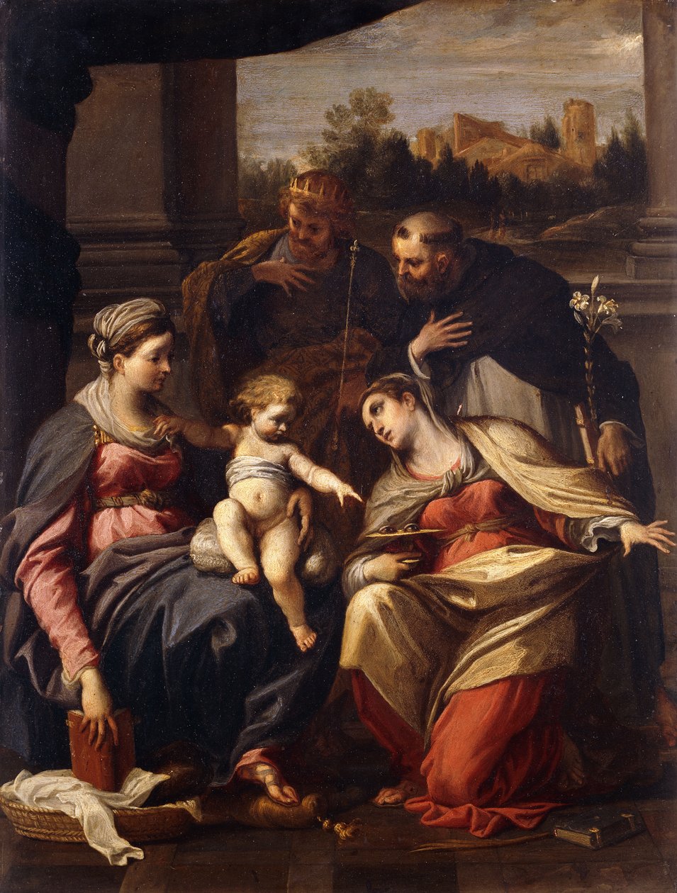 Madonnaen og barnet med de hellige Lucy, Dominic og Louis av Frankrike, et landskap med en by gjennom en ramme utenfor, av Annibale Carracci