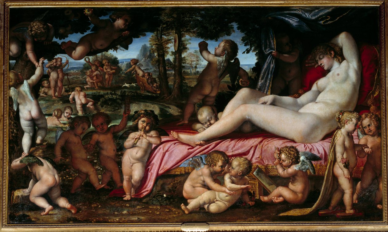 The Sleep of Venus Maleri av Annibale Carracci eller Annibal Carrache (1560-1609) 1602 Søn. 1,9x3,28 m Chantilly, Musee Conde av Annibale Carracci