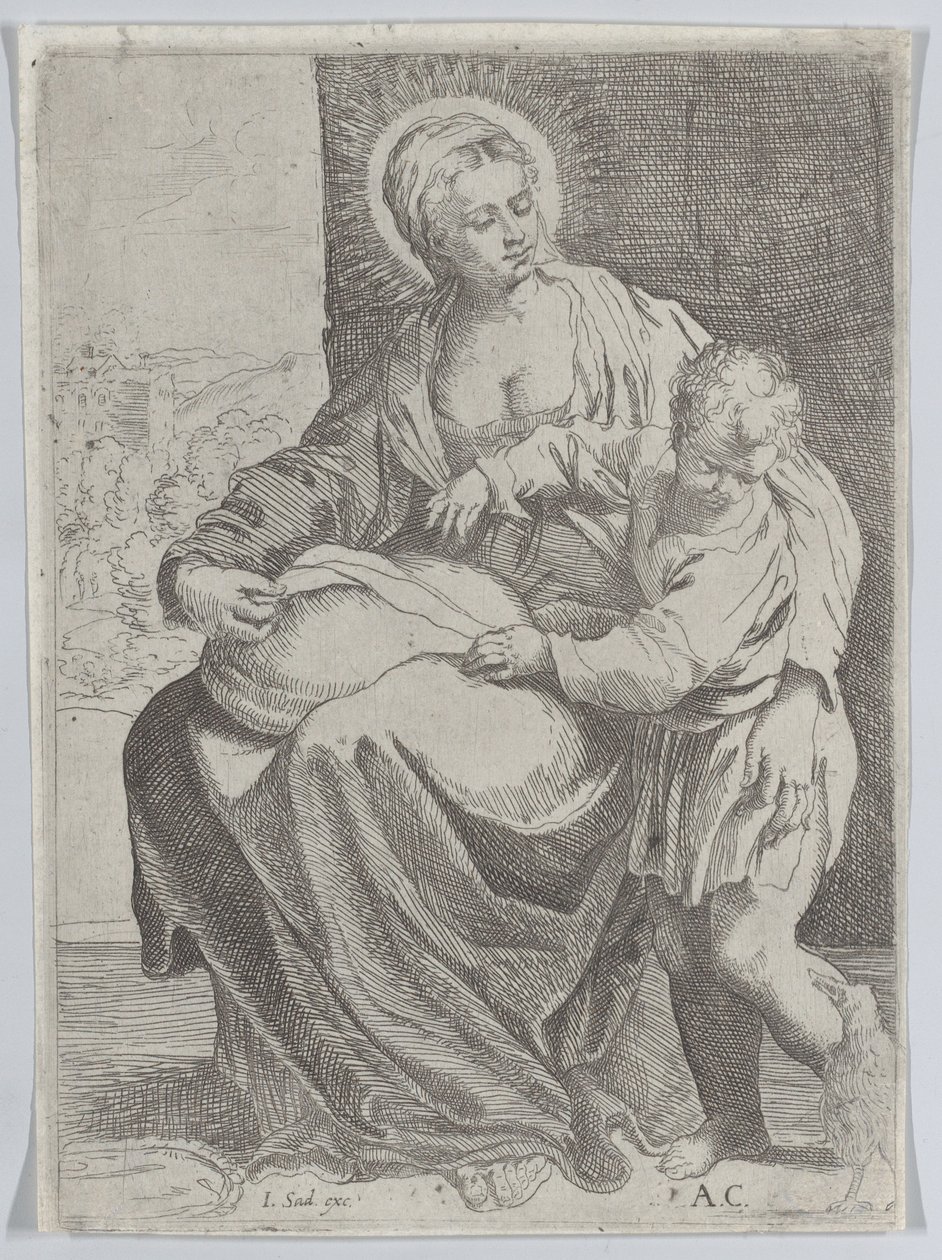 Jomfruen satt og holdt en pute på fanget med den unge Kristus stående til høyre..., 1580-1600. av Annibale Carracci