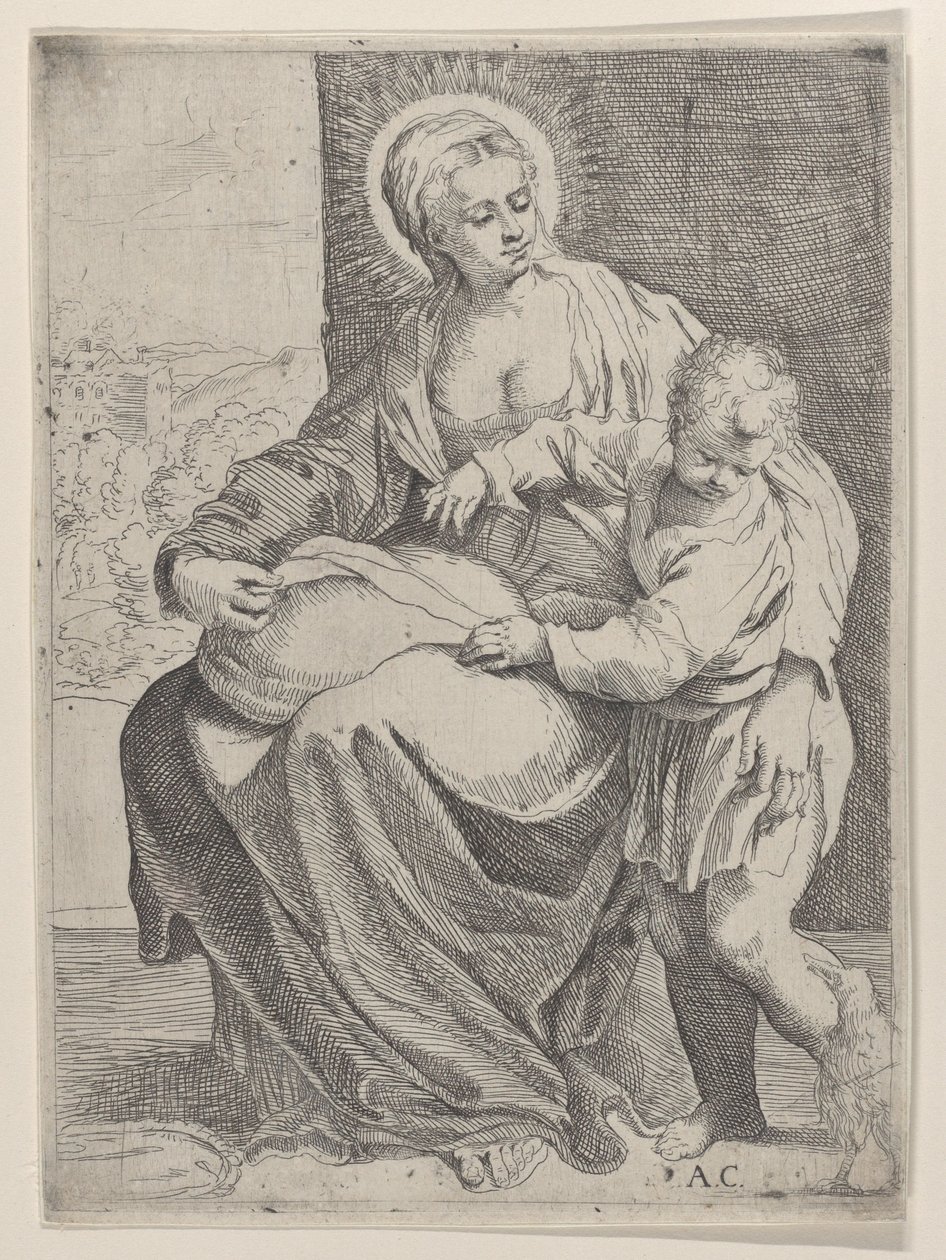 Jomfruen satt og holdt en pute på fanget med den unge Kristus stående til høyre..., 1580-1600. av Annibale Carracci