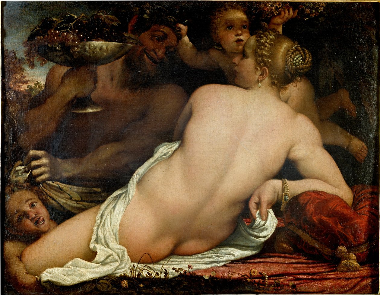 Bacchanten, Venus, satyr og to amoriner, detalj (olje på lerret, ca. 1588) av Annibale Carracci