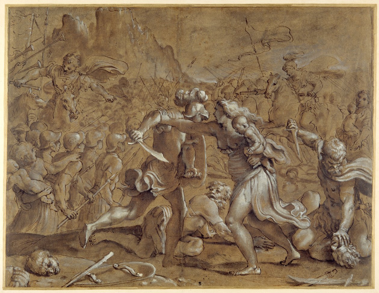 Kampen mellom romerne og sabinerne (penn og blekk med vask og gouache på papir) av Annibale Carracci