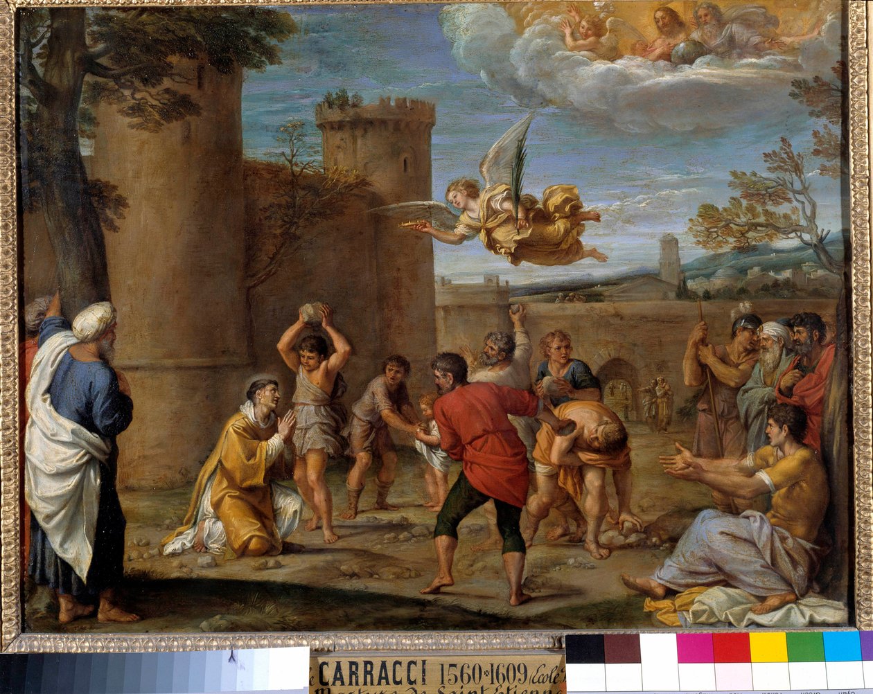 Steiningen av St. Stephen: St. Stephen (Stephane), var den første kristne martyren som døde ved steining i 36 e.Kr. JC. Maleri av Annibale Carracci eller Annibal Carrache (1560-1609). Det 16. århundre. Dim 0,42 x 0,54 m Paris, av Annibale Carracci
