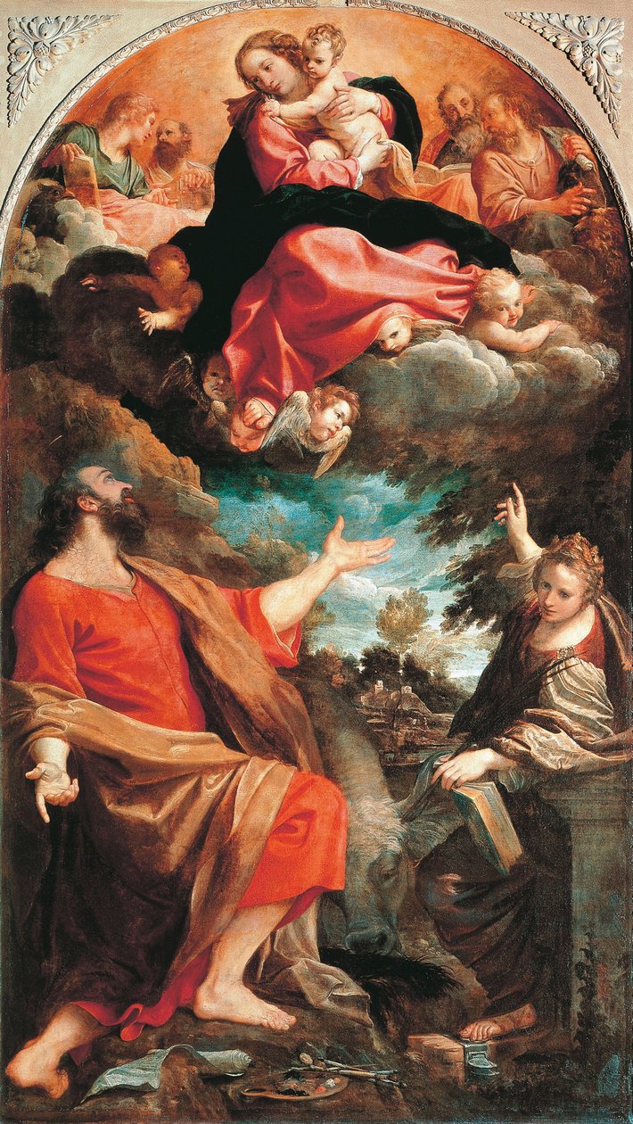 Jomfru dukker opp for de hellige Luke og Catherine av Annibale Carracci (1560-1609), olje på lerret, 401x226 cm, ca 1592 av Annibale Carracci