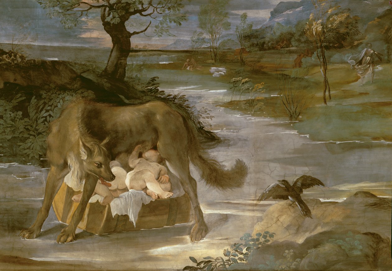 Hun-ulven som dier Romulus og Remus, fra History of Romulus-syklusen, ca. 1590 av Annibale Copy Carracci