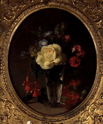 Still Life of a Yellow Rose, Mignonette og Fuchsias (olje om bord) av Annie Feray Mutrie
